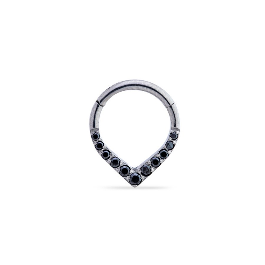 Clicker de titanio acabado en V con zirconias negras para septum