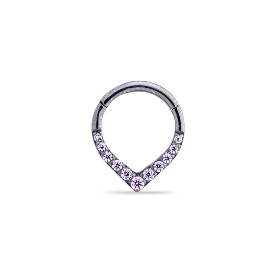 Clicker de titanio acabado en V con zirconias rosas para septum